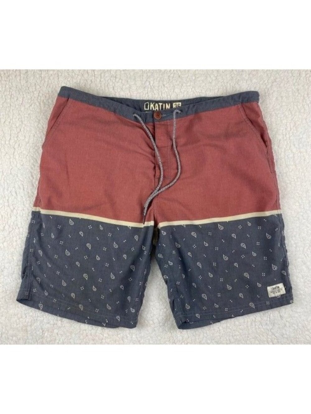 Katin Board Shorts Men's Size 36x8 Two Tone Paisley Red Blue Hybrid Trunks
